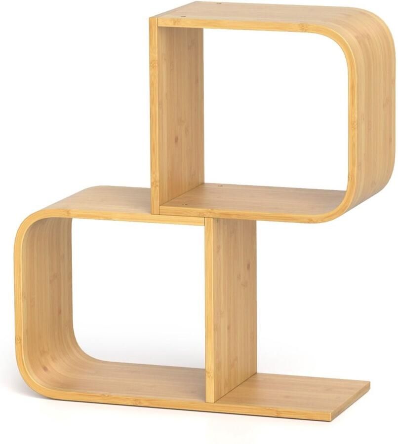 2-laags 'S'-vormige Boekenkast van Bamboe – 2 Open Kubussen Natuurlijke Geometrische Hoekplank