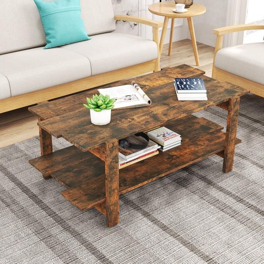 2-laags salontafel – Lattenhouten tafel met opbergplank 120 kg draagkracht bruin