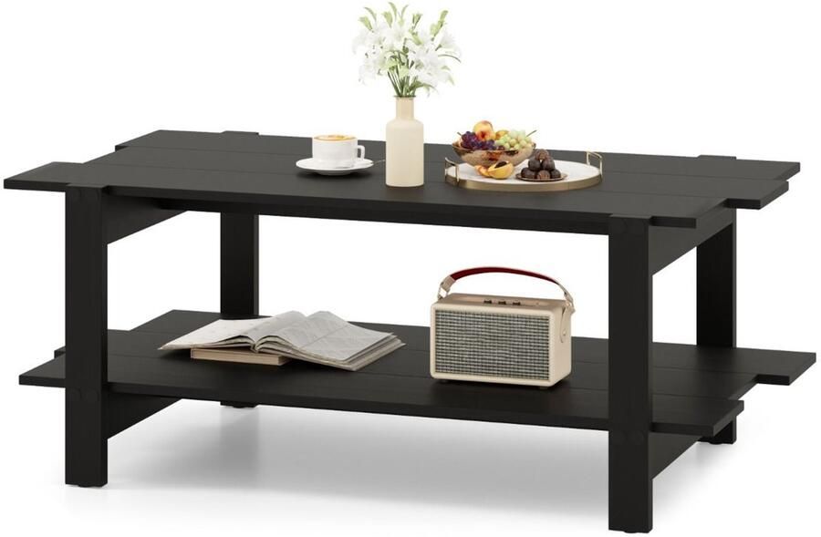 2-laags salontafel – Lattenhouten tafel met opbergplank 120 kg draagkracht zwart