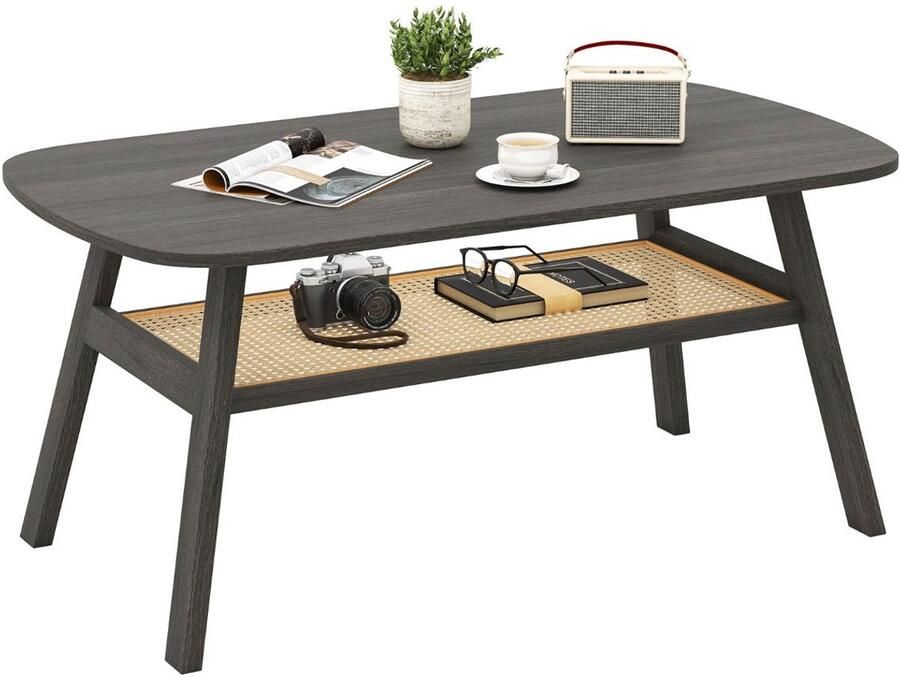 2-laags salontafel – Rechthoekig opbergplank rotan poten en zwart rubberhout