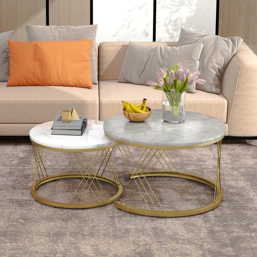 2 Moderne Gouden Hoogglans Marmeren Salontafel Set Grote 70x70x45cm Kleine 45x45x40cm Ronde Bijzettafel Gouden Robuuste Metalen Frame Marmer MDF- Nestcombinatie Eindtafel- Cirkelvormig Koffietafel Set- Verstelbare Voetsteunen Stevig Stabiel Zijtafel