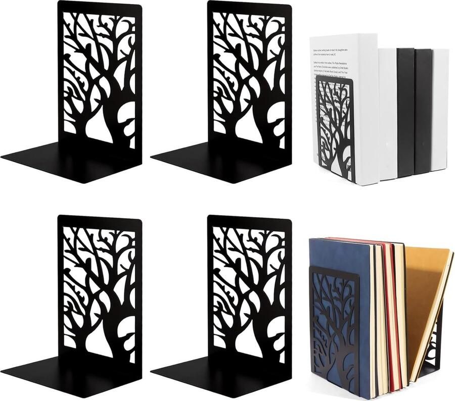 2 paar boekensteunen metaal decoratieve boekenhouders rek uithollen antislip boekenstoppers voor kinderen thuis kantoor bibliotheek school (zwart 2)