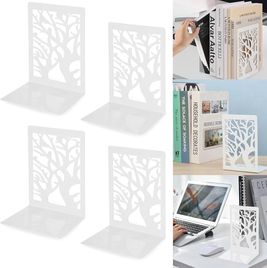 2 paar boekensteunen metaal decoratieve boekenhouders rek uithollen antislip boekenstoppers voor kinderen thuis kantoor bibliotheek school (wit 2)