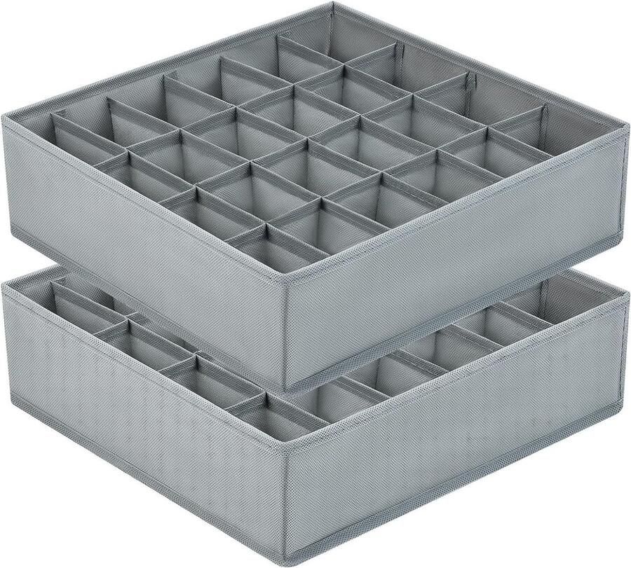 2 Pack 24 Cell Foldable Socks and Underwear Storage Boxes Folding Box Drawer Dividers Organizer Fabric Boxes for Storing Socks (Grey)