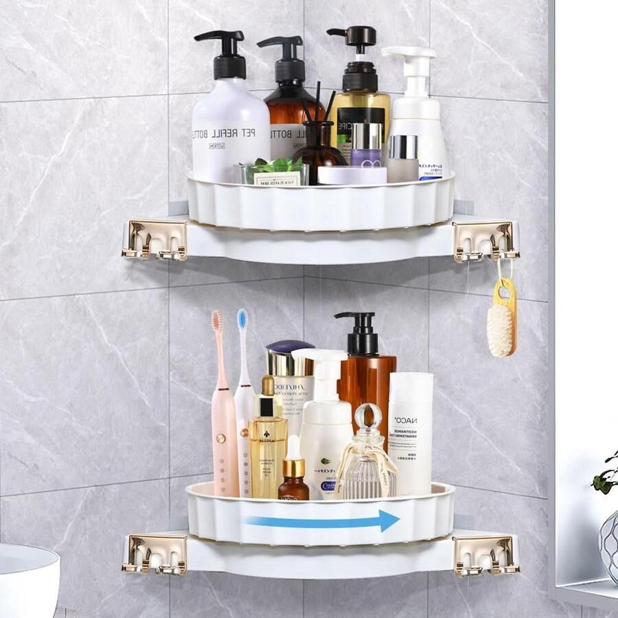 2 Pack 360° Rotatable Shower Organizer Racks No Drilling Adhesive Corner Shelves Large Bathroom Storage White