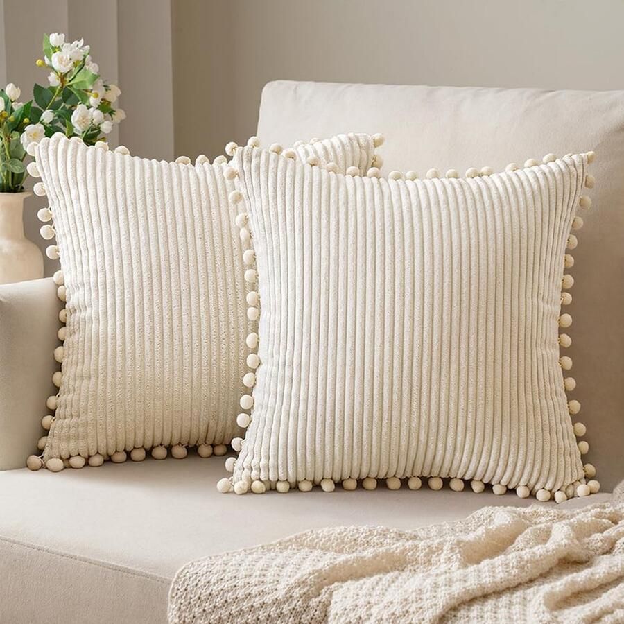 2-Pack Corduroy Decoratieve Kussenslopen 45 x 45 cm Met Pompons Schattige Zachte Kussenslopen Boheemse Decoratieve Kussenslopen Geschikt voor Bed Sofa Woonkamer Woondecoratie Zilver 45*45cm - Foto 2