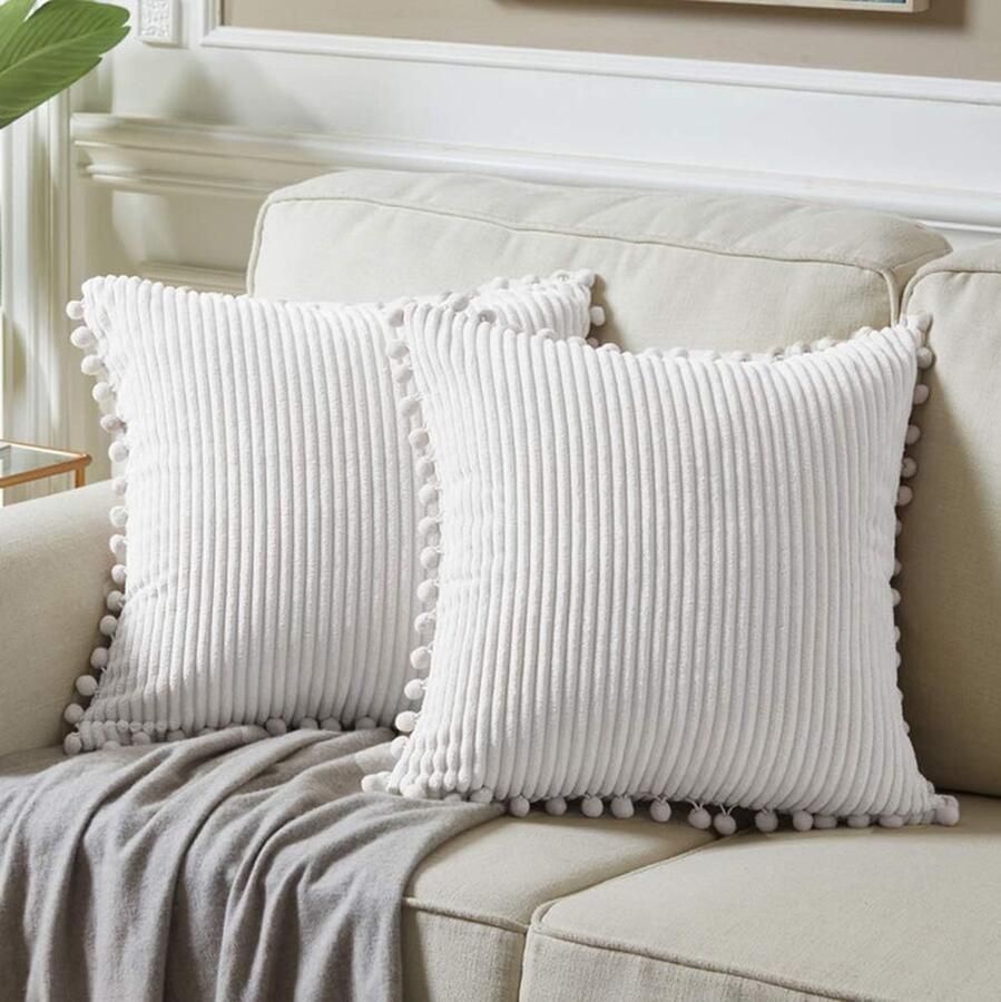2-Pack Corduroy Decoratieve Kussenslopen 45 x 45 cm Met Pompons Schattige Zachte Kussenslopen Boheemse Decoratieve Kussenslopen Geschikt voor Bed Sofa Woonkamer Woondecoratie Zilver 45*45cm - Foto 4