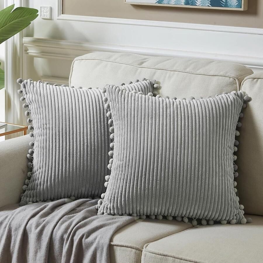 2-Pack Corduroy Decoratieve Kussenslopen 30 x 50 cm Met Pompons Schattige Zachte Kussenslopen Boheemse Decoratieve Kussenslopen Geschikt voor Bed Sofa Woonkamer Woondecoratie Zilver 30*50cm - Foto 4