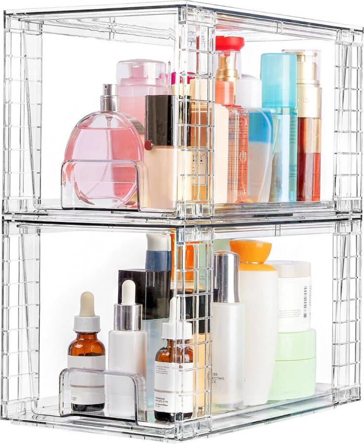 2-pack grote stapelbare opbergladen helder acryl lade-organizers met handgrepen eenvoudig te monteren voor badkamer keuken kast make-upVtopmart 2 Stackable Drawers