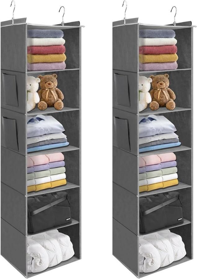 2-pack Hangende Kledingkast Organizers met 6 Planken en Zijzakken Grijs Extra Opslagruimte voor Kledingkast Heavy Duty Opbergrekken