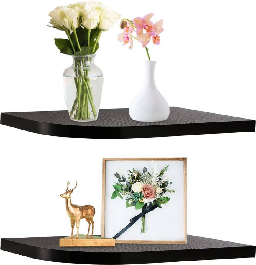 2-pack hoekmontageplank massieve wandgemonteerde zwevende hoekplank zwevende display-hoekplank met ovaal uiteinde voor slaapkamer woonkamer badkamer donkerbruin