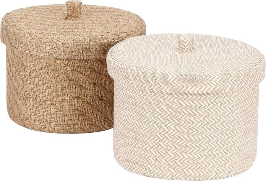 2 Pack Jute en katoen linnen opbergmand voor toiletartikelen Speelgoed n Item 7 liter met Deksel (Medium C)