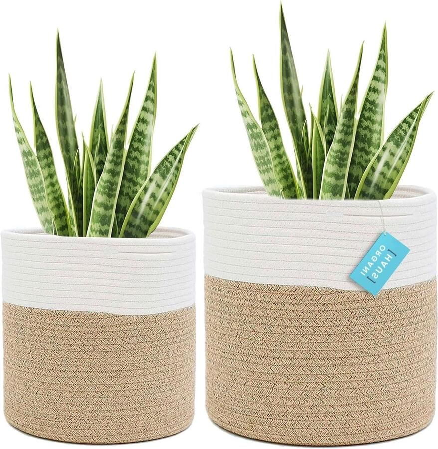 2-Pack Katoenen Touwplantenmand Grote Plantenpotten Binnen Opbergmand & Grote Plantenpot voor Binnen Geweven Mand voor Planten Decor Pot voor Binnenplanten Bruin wit