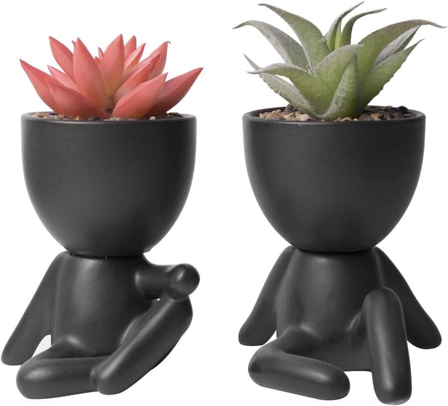 2-Pack Kunstplanten Indoor Bloempotten Keramische Figuurtjes voor Bureau en Badkamer Decoratie Leuke Ornamenten voor Thuis Creatieve Potplanten met Kleine Figuren