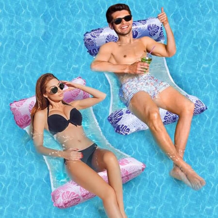 2 Pack Opblaasbare Water Lounge Stoelen 4-in-1 Multifunctionele Drijvende Matten voor Zwembad Strand en Meer