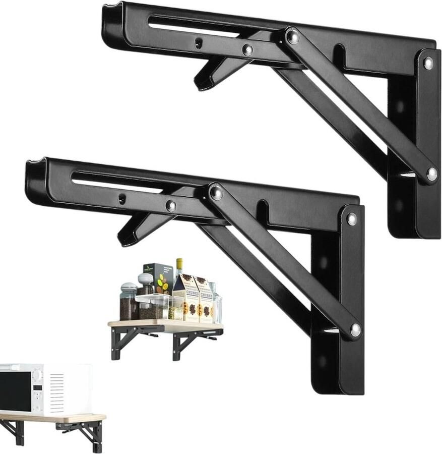 2-pack opvouwbare plankbeugels 10 inch driehoekige opvouwbare beugelplanken aan de muur gemonteerde verstelbare roestvrijstalen planken voor werkbank (zwart)