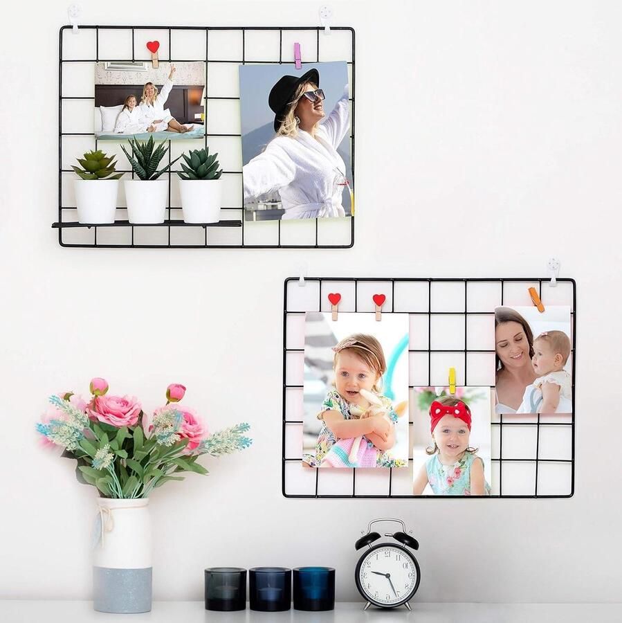 2 Pack Wandrek Fotorek Memobord Metaal Industrieel Zwart & Magnetisch Fotolijst Voor Studentenkamer Keuken Gang Woonkamer Studeerkamer Badkamer WC Home Decor Display