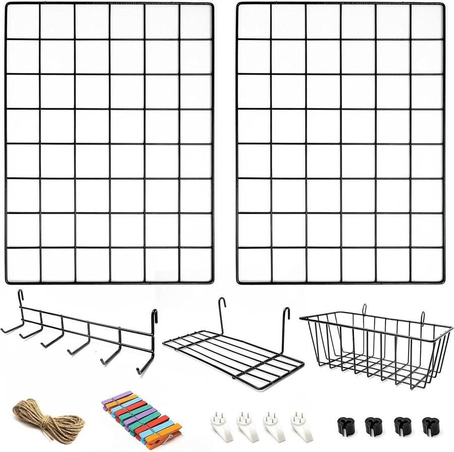2-Pack Wandrek Met Accessoires Inclusief Mand Rekje en Ophangrek Memobord Industrieel Fotorek Voor Studentenkamer Keuken Gang Woonkamer Studeerkamer Badkamer WC