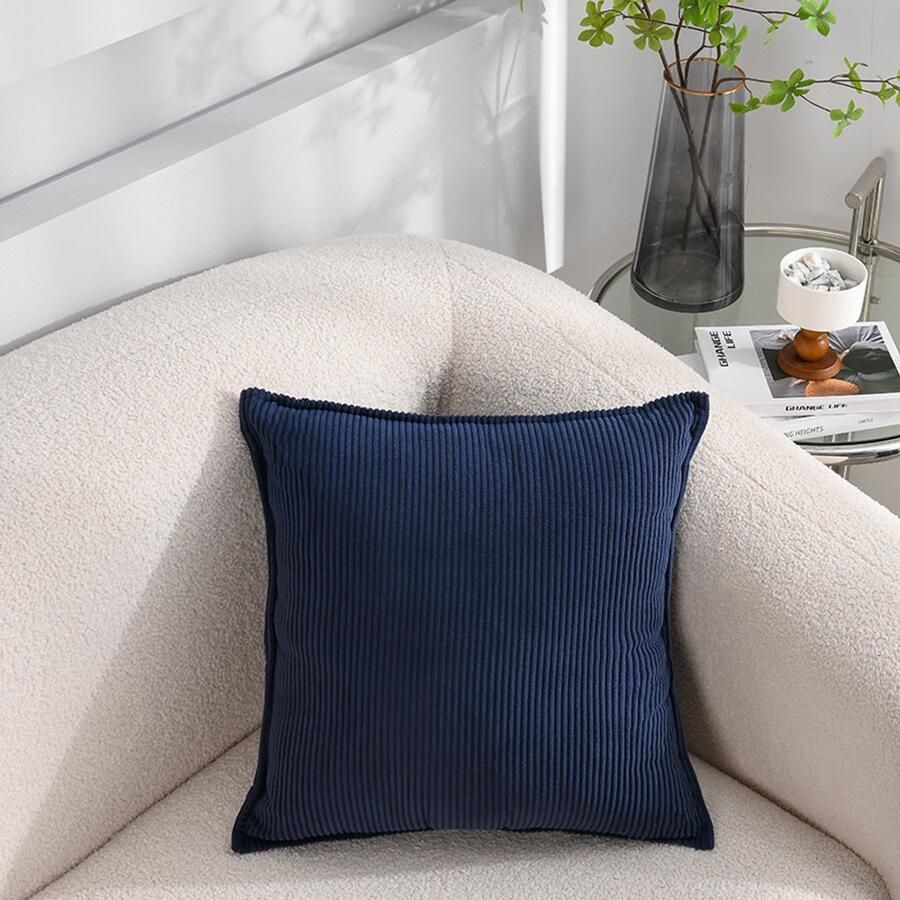 2-Pack zachte corduroy sierkussenhoezen gestreepte vierkante sierkussenhoezen decoratieve kussenslopen voor bank auto terras slaapkamer woonkamer 60x60cm Donkerblauw