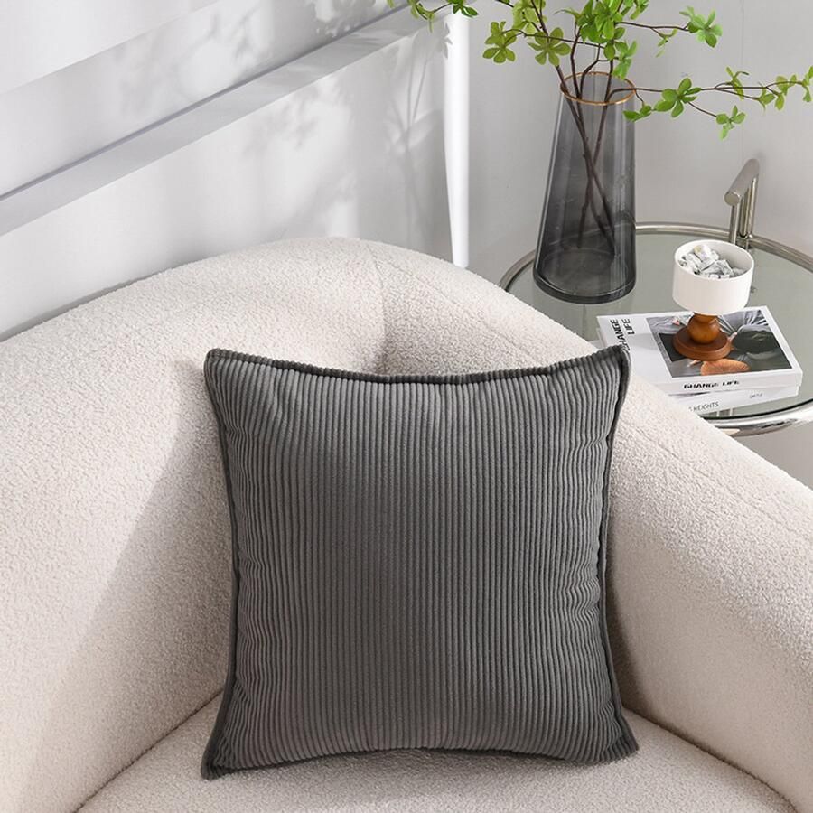 2-Pack zachte corduroy sierkussenhoezen gestreepte vierkante sierkussenhoezen decoratieve kussenslopen voor bank auto terras slaapkamer woonkamer 55x55cm Donkerblauw - Foto 4