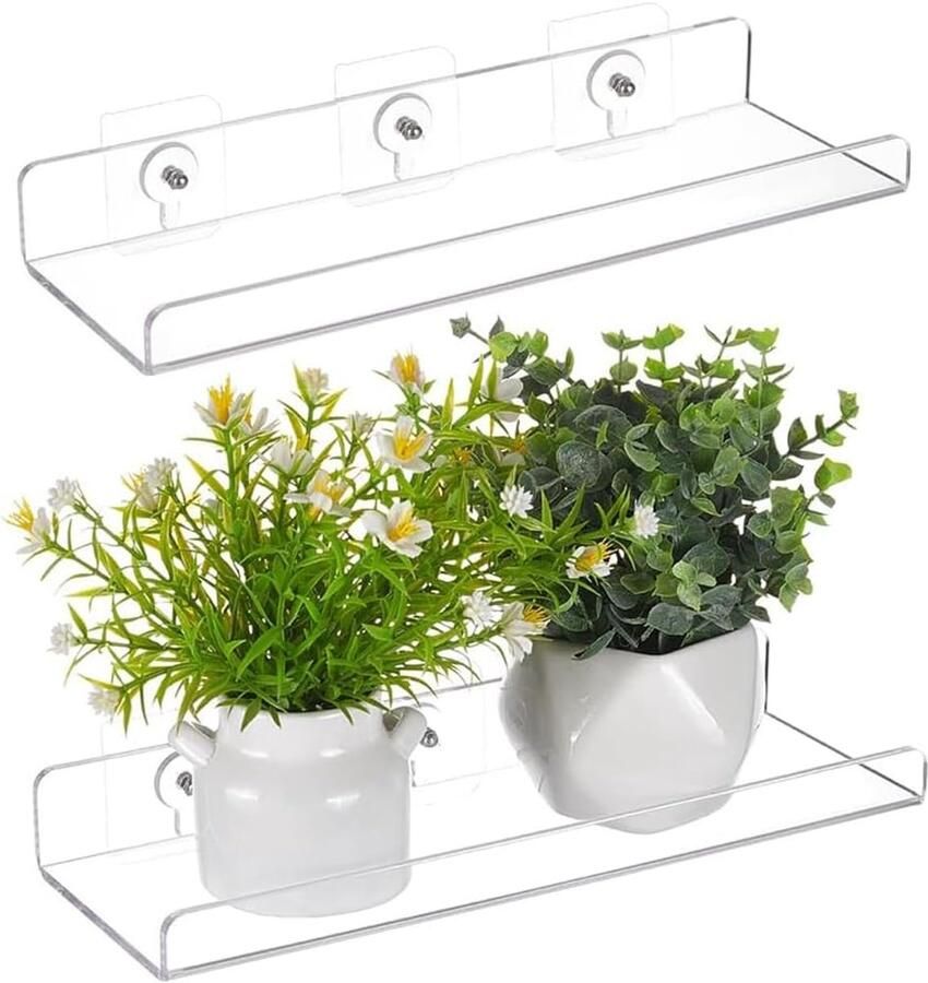 2-Pack zwevende planken van helder acryl 30 x 10 cm Zelfklevend Planken van helder acryl Boren niet nodig Geschikt voor slaapkamers badkamers en keukens Voor plantenbakken binnenshuis