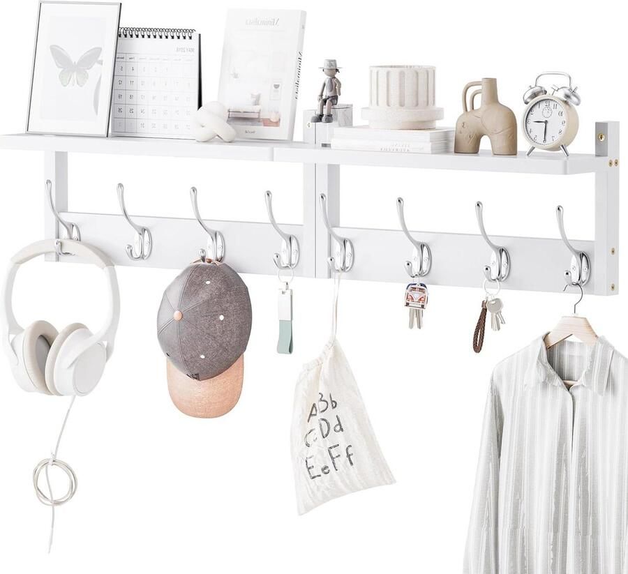 2 Pak Bamboe Wandgarderobe met 8 Haken en Hoedenplank 80cm