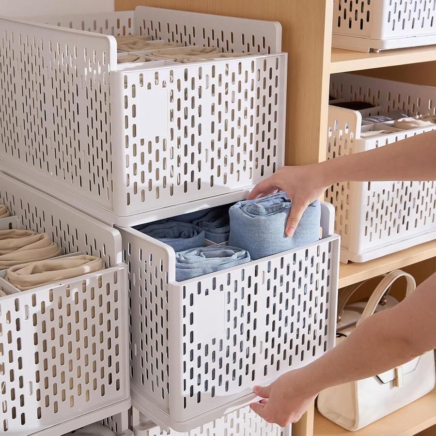 2 Pcs Cabinet Jeans Organizer 16 Cell Drawer Organizer Foldable Clothes Shelf Dividers for T-Shirt Sweater Pants Dress Beige