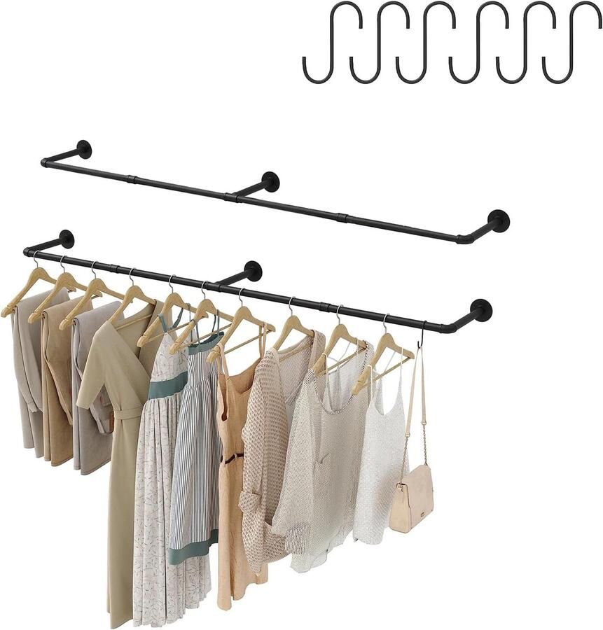 2 Pcs Industrial Tubes Kledingrails Wandgemonteerd Verwijderbare Retro Metalen Kledingrail voor het Ophangen van Kleding Haak Ruimtebesparende Wandrek
