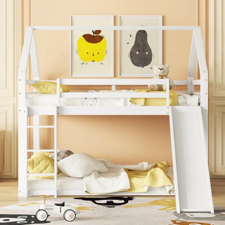 2-pers. bed kinderbed huisbed stapelbed met glijbaan en ladder kinderkamer hoog dubbel stapelbed wit 140x200cm