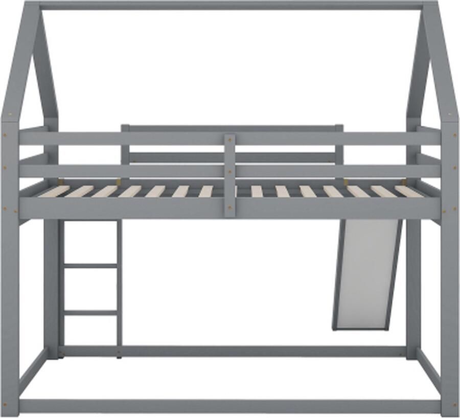 2-pers. bed kinderbed huisbed stapelbed met glijbaan en ladder kinderkamer hoog dubbel stapelbed grijs 140x200cm