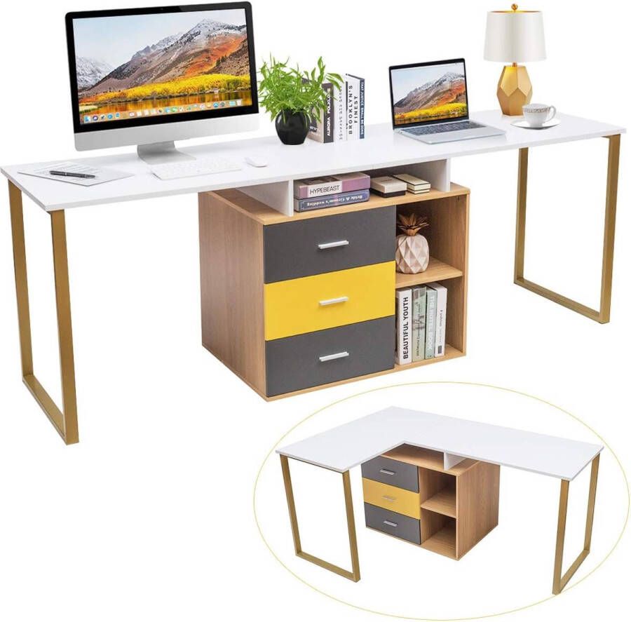 2-persoons Dubbele Computerbureau thuis werkbureau met 3 laden en 2-laagse planken L-vormig bureau voor thuiswerk