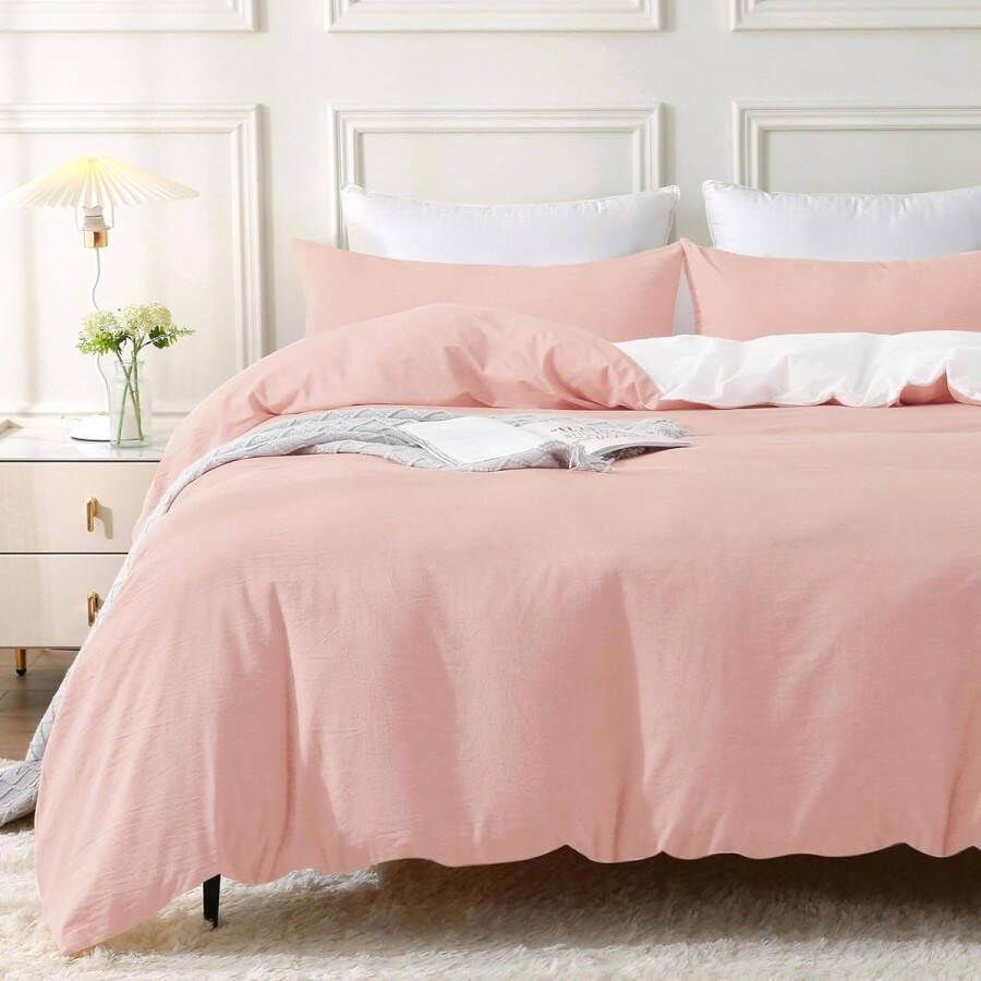 2-Piece Bed Linen Set 135 x 200 cm Cotton Bed Linen Sets Light Pink with Zip Similar Texture to Stonewashed Linen Includes 1 Duvet Cover and 1 Pillowcase 80 x 80 cm