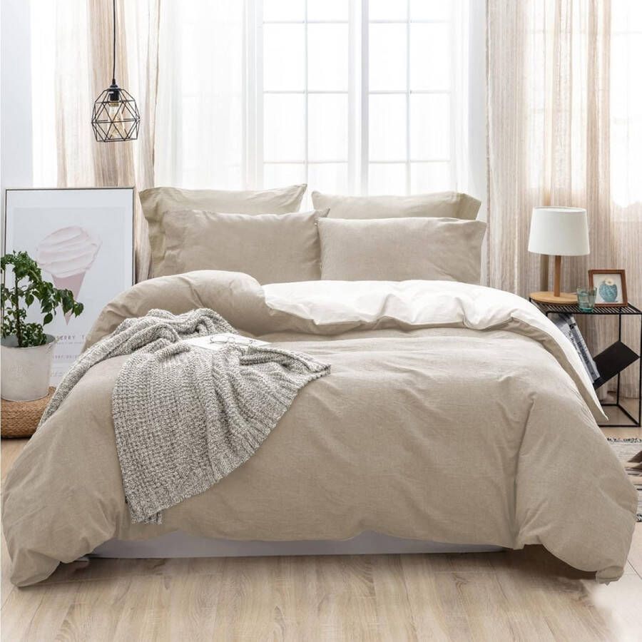 2-Piece Bed Linen Set with Zip Cotton Similar Texture to Stonewashed Linen Includes 1 Duvet Cover 135 x 200 cm and 1 Pillowcase 80 x 80 cm Apricot