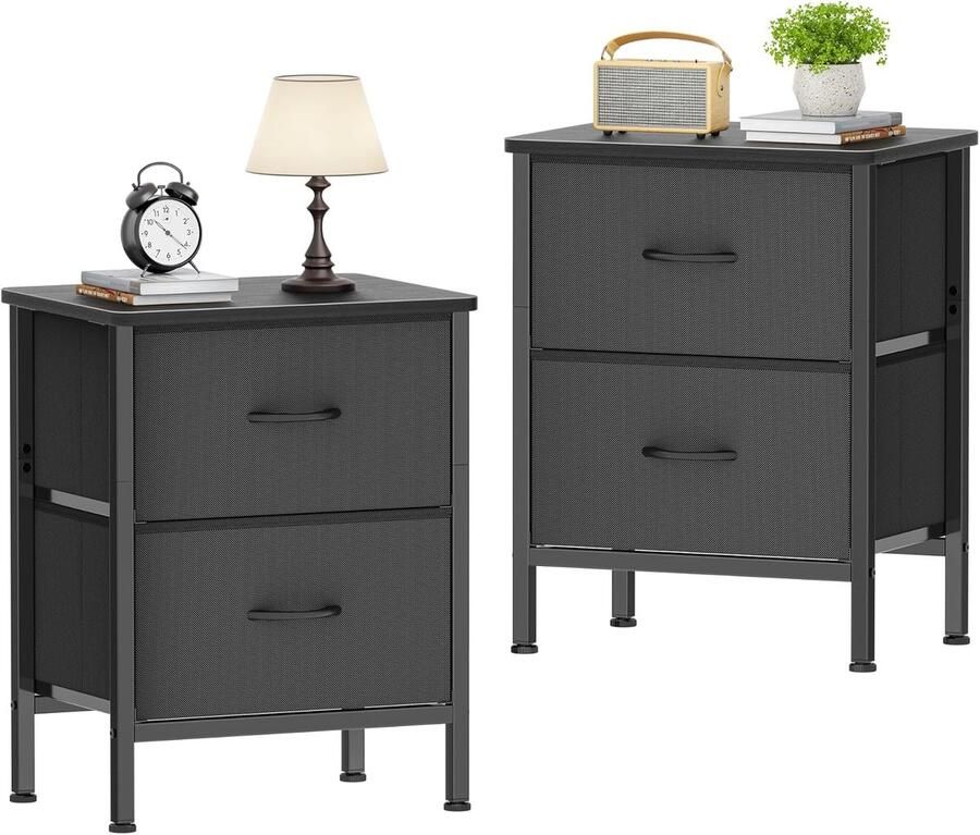 2-Piece Nightstand Set with Metal Frame & Fabric Drawers – Compact Side Table for Bedroom or Living Room (42 x 30 x 55 cm Black)
