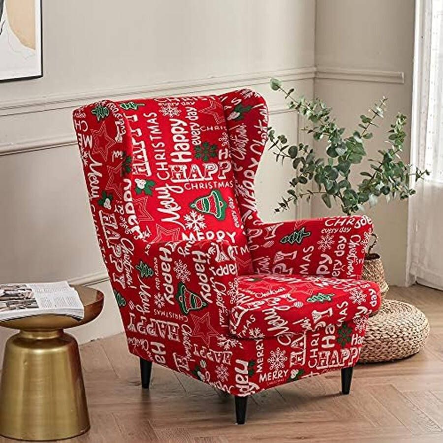 2-Piece Wing Chair Cover Armchair Throws Wing Chair Protective Covers Elastic Stretch Tiger Chair Cover with Armrest High Backrest Universal (Christmas Red)