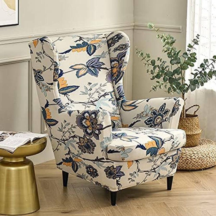 2-Piece Wing Chair Cover Armchair Throws Wing Chair Protective Covers Elastic Stretch Tiger Chair Cover with Armrest High Backrest Universal (Poppy Flower)