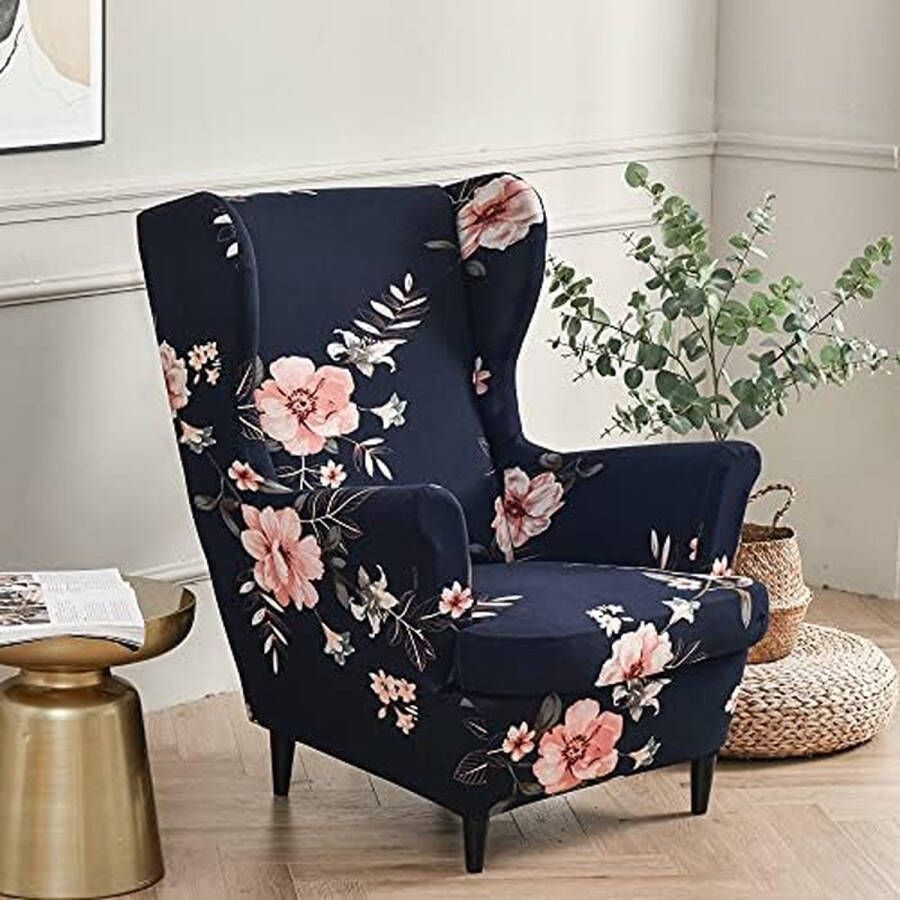 2-Piece Wing Chair Cover Armchair Throws Wing Chair Protective Covers Elastic Stretch Tiger Chair Cover with Armrest High Backrest Universal (Scented Flower Blue)