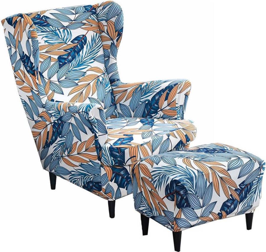 2-Piece Wing Chair Cover with Ottoman Protective Cover Armchair Throws Wing Chair Protective Covers Stretch Tiger Chair Cover with Armrest High Backrest (Blue Leaves)