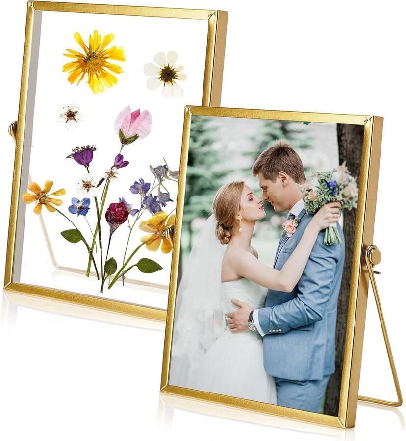 2 Pieces A5 15 x 20 cm Glass Metal Photo Frames Gold Standing Double Glass Desktop Frame for DIY Photos Pressed Flowers & Desk Decoration