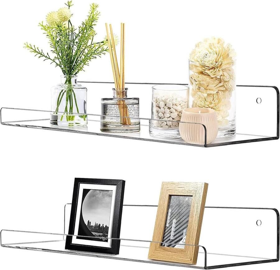 2 Pieces Acrylic Floating Shelves Clear Acrylic Shelf Invisible Wall Mount Bookshelf Long Bathroom Shelves