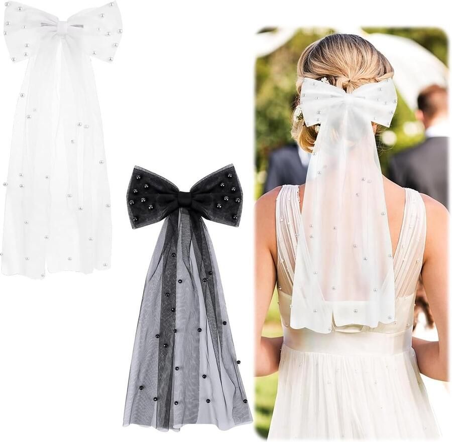 2 Pieces Hair Accessories Wedding Bridal Veil Hairpin with Bow Hairpin Bride Hair Bow White Black Pearl Veil Elegant Temperament Suitable for Women and Girls