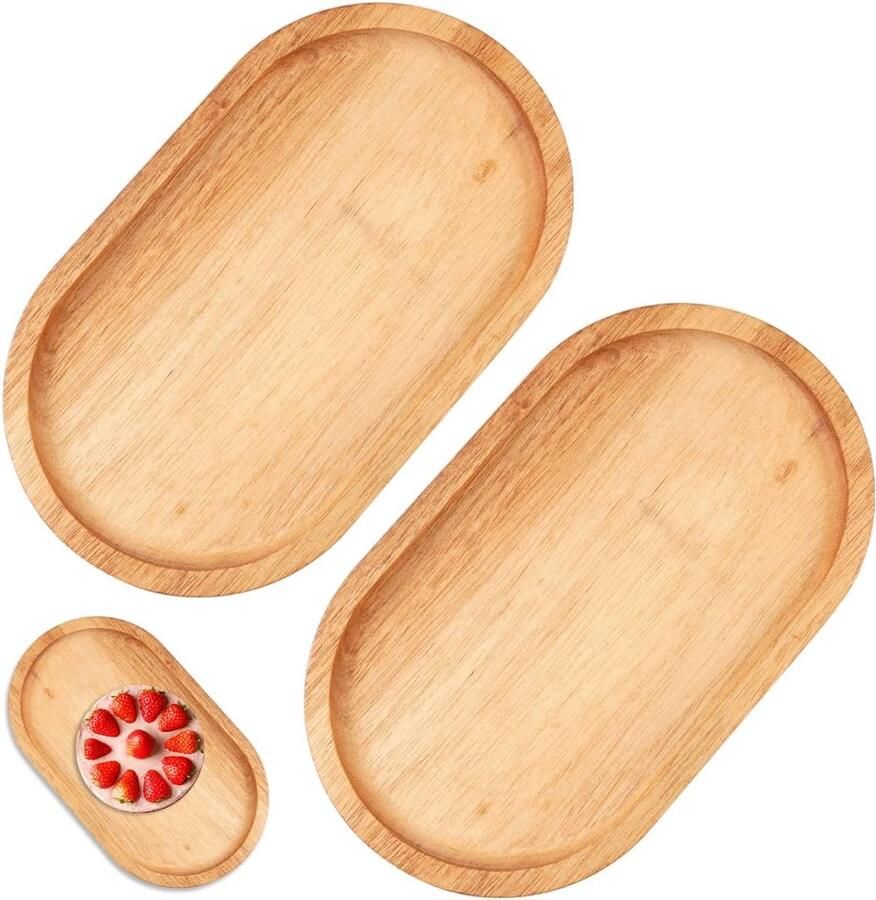 2 Pieces Oval Wooden Tray 20x11.6x1.5cm Acacia Wood Plate Serving Tray voor Tafel Decoratie Badkamer Telle Serving Plates voor Thee Koffie Desserts Snacks Brood Kleine Items