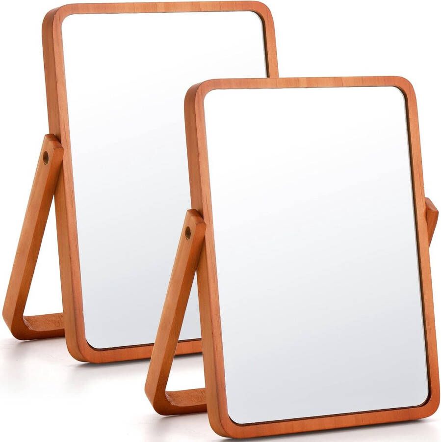2 Pieces Table Makeup Mirror Wooden Table Cosmetic Mirror Desk Folding Mirror 10 Inch Portable Folding Table Stand Mirror Wall Hanging Small Mirror with Wooden Frame 360° Adjustable