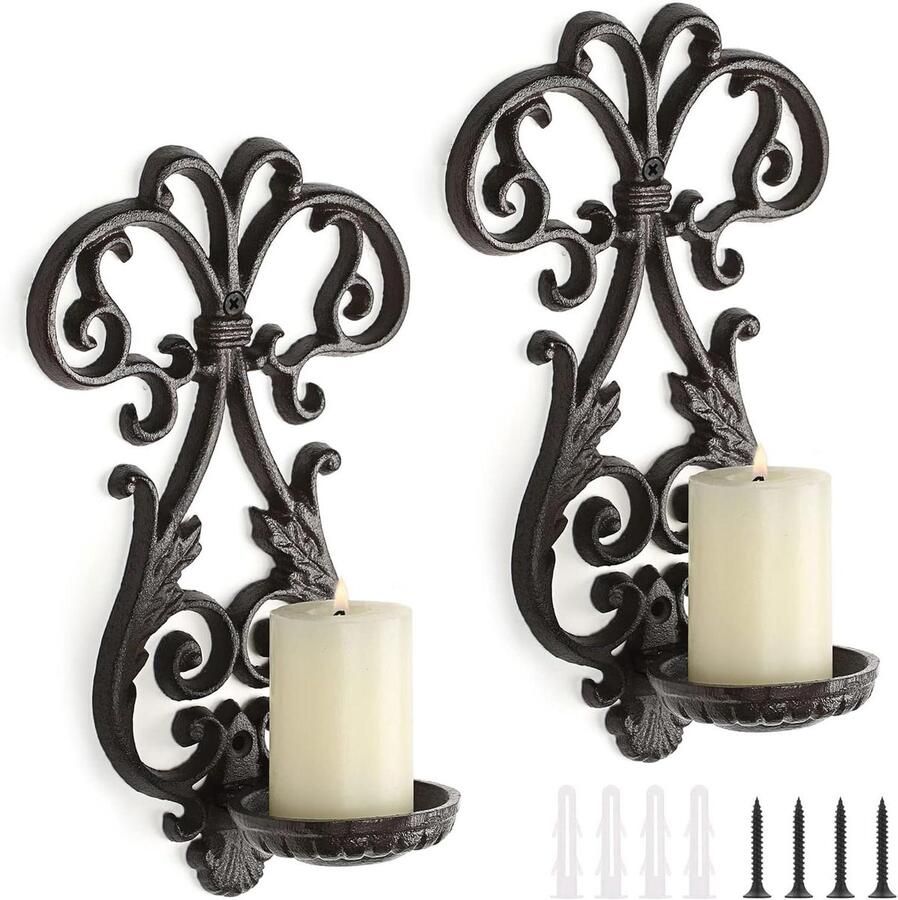 2 Rustieke Wandlampen van Gietijzer Sfeervolle Theelichthouders voor aan de Wand Landelijke Decoratie met Hangende Kandelaar Set van 2 Stuks