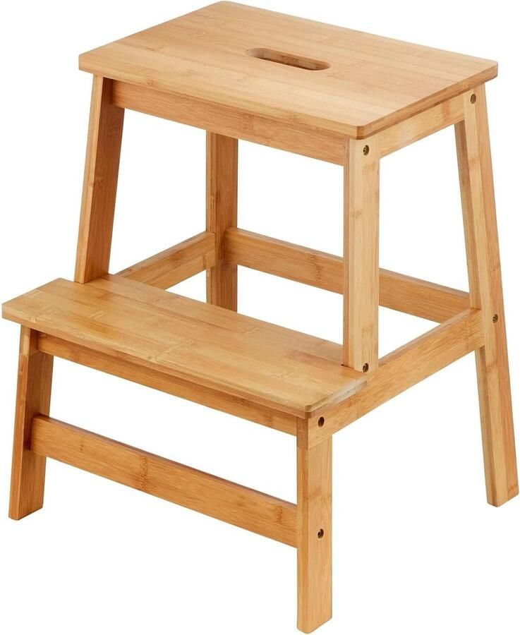 2-Staps Natuurlijk Bamboe Houten Kruk voor Kinderen en Volwassenen Voetkruk Geschikt voor Kinderen Keuken Wastafel Badkruk Badkamer Wastafel Assistentie Kantoorkruk Houten kruk