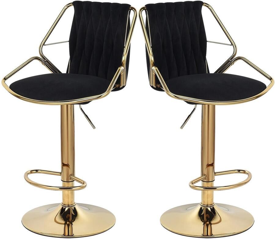 2 Stijlvol Zwart Gouden Ronde Barkruk Arm & Rugleuning Fluwelen Zitting 360º Draaibaar Hoogte Verstelbaar 56-77cm Stevige Voetsteun Draagvermogen 120kg- Zitting51.5x37cm- Ergonomisch Stalen Stevig Frame 10 4kg Antislip- Elegant Barstoel- Aanrechtkruk