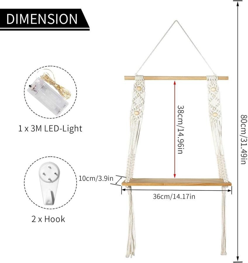 Wandrek van hout boho macramé wanddecoratie wandrek bohemien-decoratie voor woonkamer slaapkamer balkon badkamer Kerstmis handgeweven ruimtebesparend met led-lichtketting