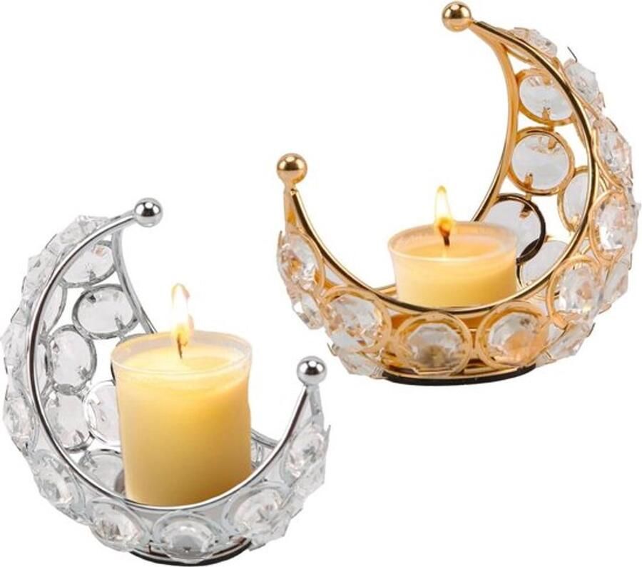 2 stks Maan Vorm Kaars Houders Metalen Kristal Kaars Theelicht Houder voor Party Thuis Tafel Centerpiece Goud Zilver