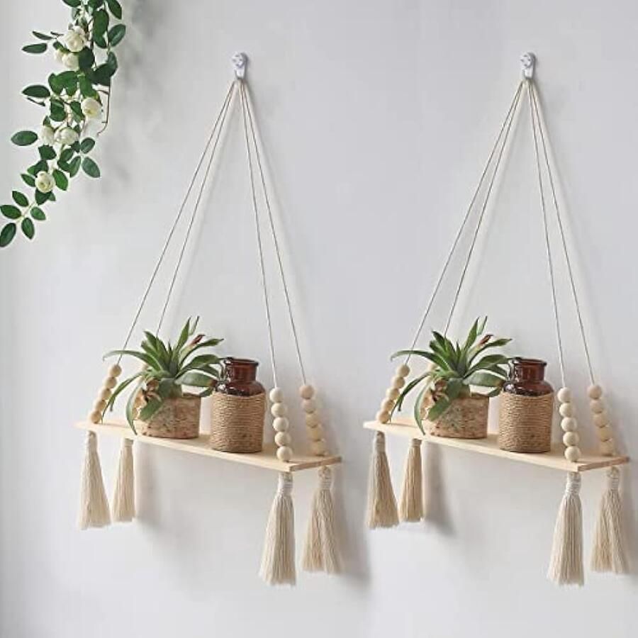 2 STKS Macrame Opknoping Planken met Houten Kraal Kwastje Rustieke Drijvende Opslag Plank Boho Esthetische Wandmontage Planken voor Slaapkamer Kwekerij Display Rekken voor Hangende