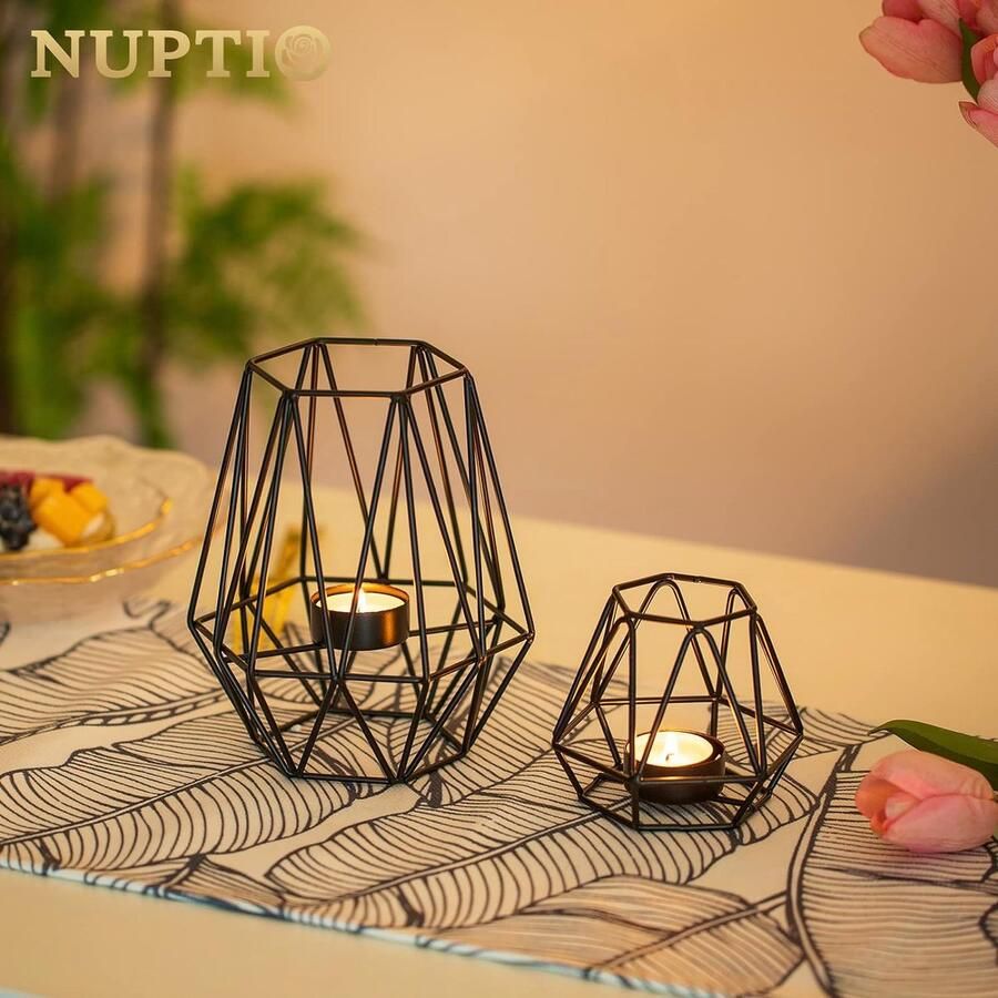 2 Stukken Theelichthouders Theelichtkandelaars Geometrische Kandelaar voor Eettafel Decoraties Middelpunt Zwarte Open Haard Ornamenten voor Woonkamer Bruiloft Housewarming Geschenken
